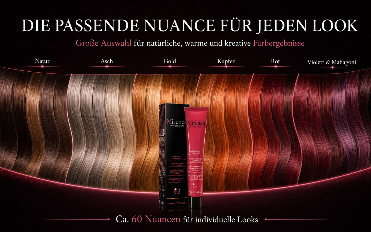 Mirenea Haarfarben in sechs Farbgruppen: Natur, Asch, Gold, Kupfer, Rot, Violett und Mahagoni