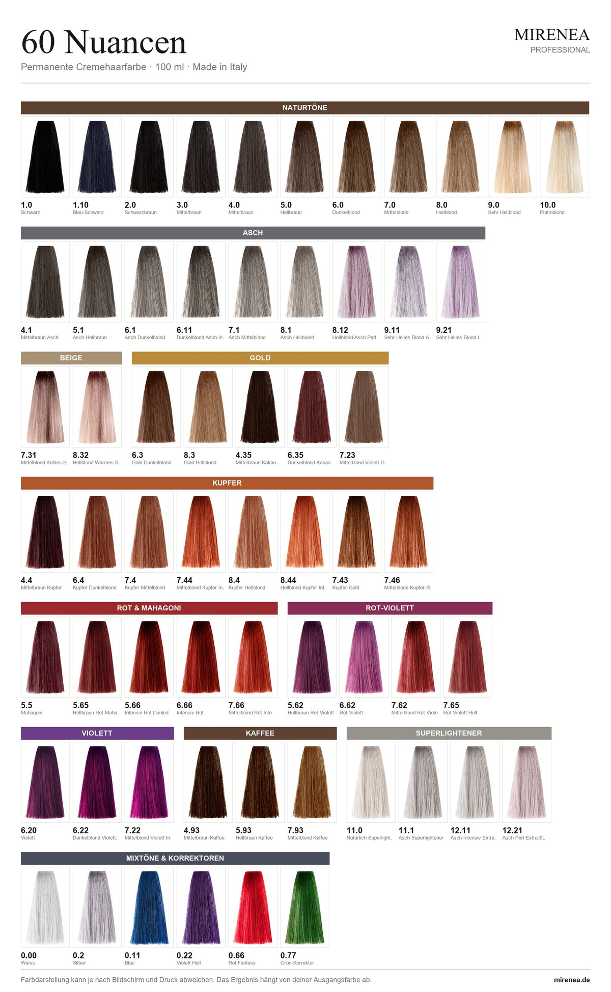 Mirenea Farbkarte mit allen 60 Haarfarben-Nuancen nach Farbgruppen
