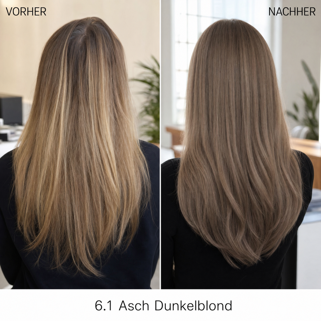 Mirenea Haarfarbe 6.1 Asch Dunkelblond im Vorher-Nachher-Vergleich (Symbolbild)