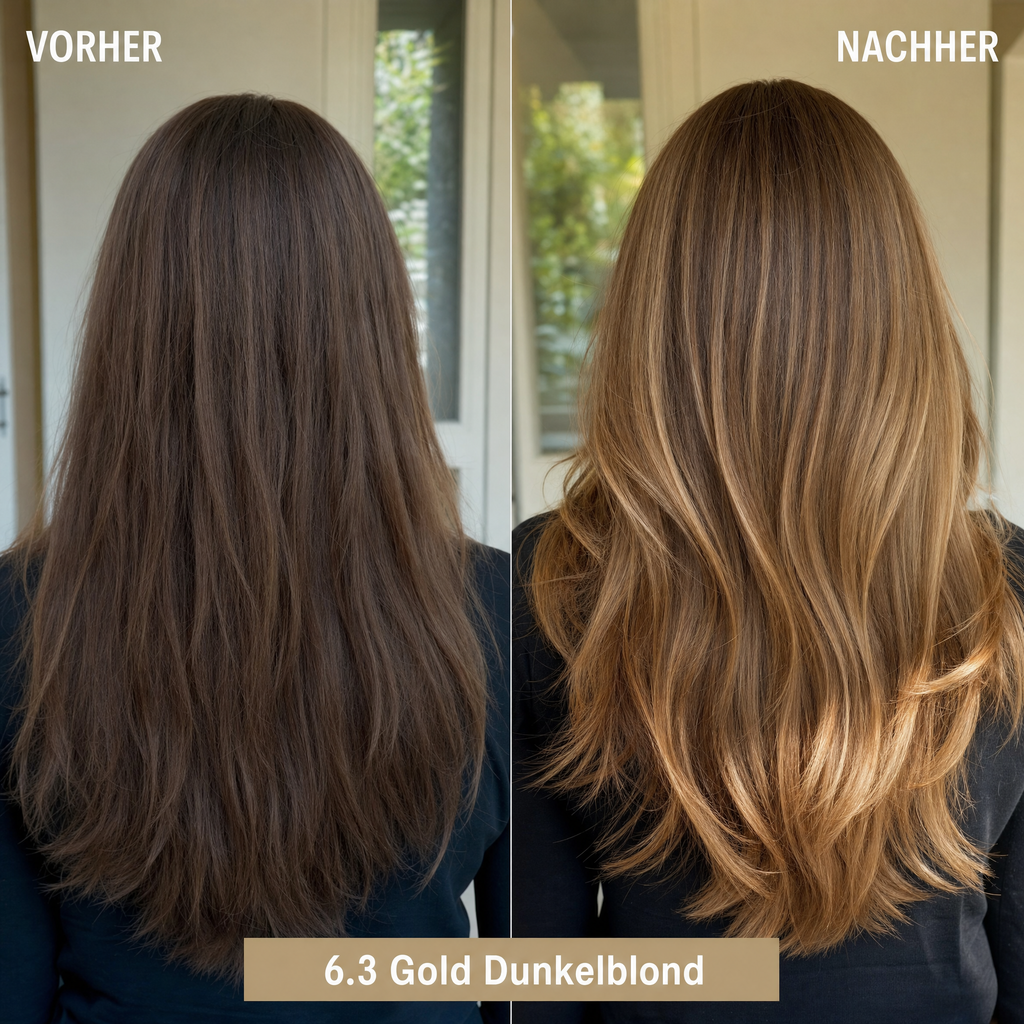 Mirenea Haarfarbe 6.3 Gold Dunkelblond im Vorher-Nachher-Vergleich (Symbolbild)