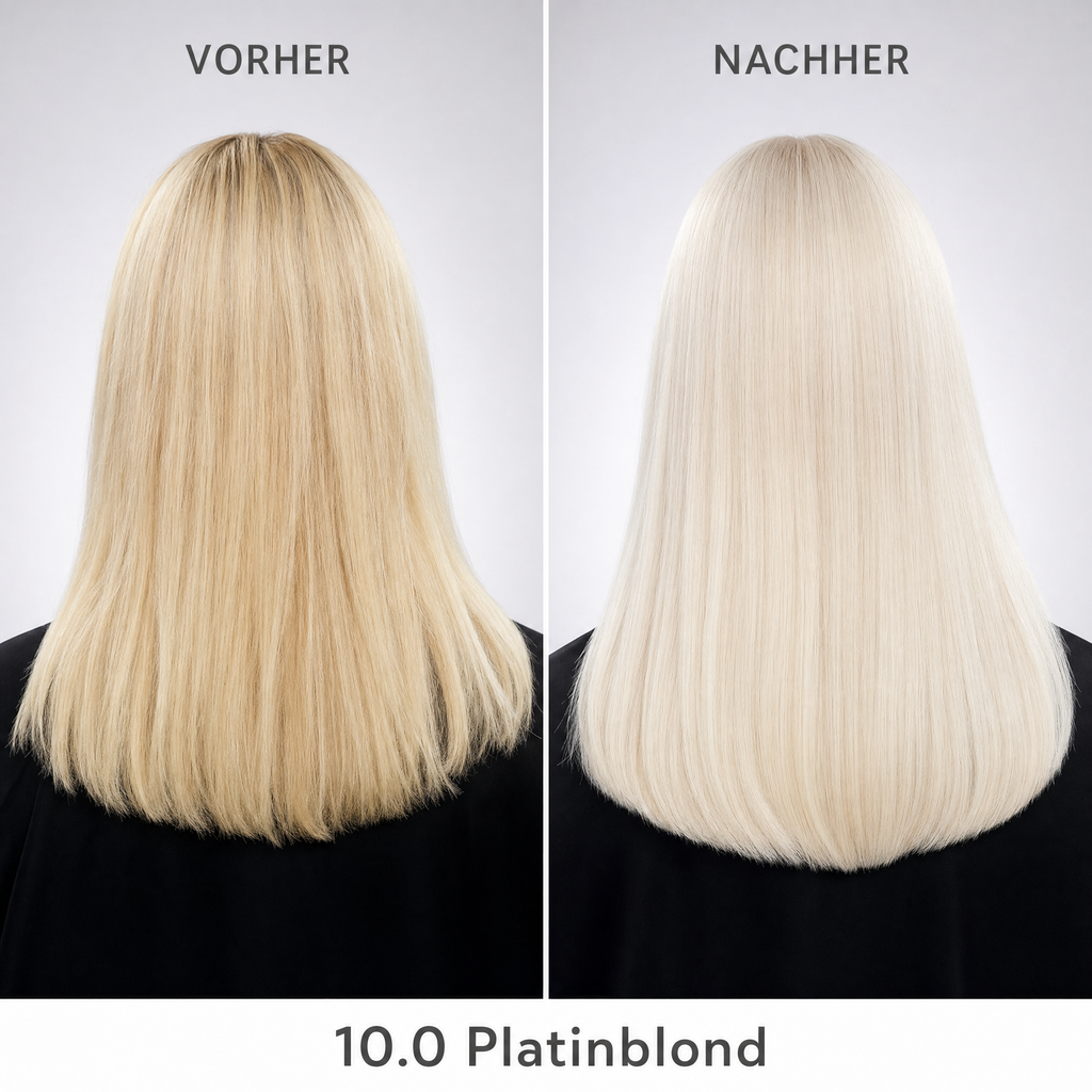 Mirenea Haarfarbe 10.0 Platinblond im Vorher-Nachher-Vergleich (Symbolbild)