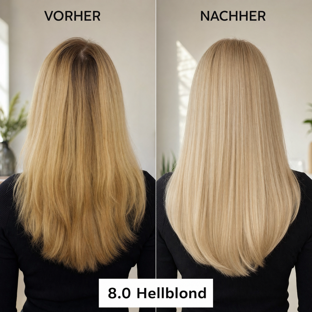 Mirenea Haarfarbe 8.0 Hellblond im Vorher-Nachher-Vergleich (Symbolbild)