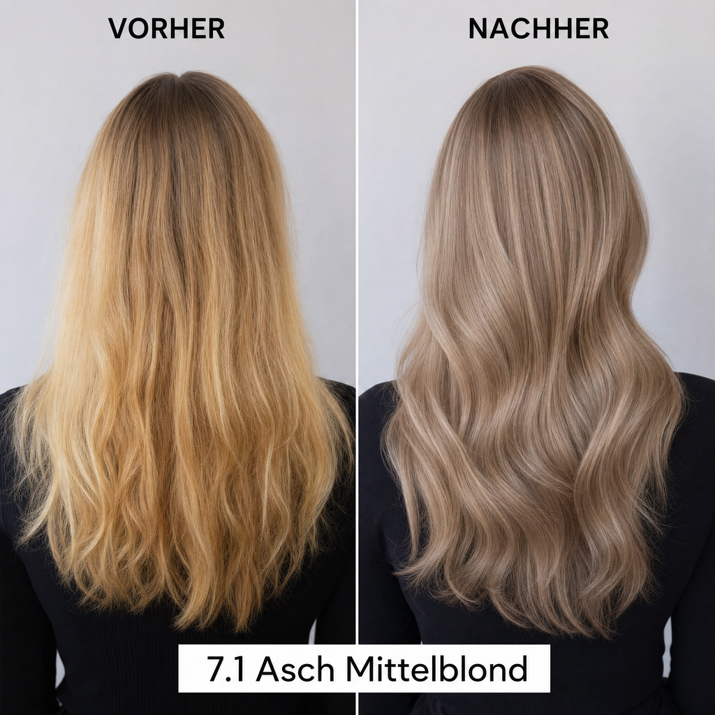 Mirenea Haarfarbe 7.1 Asch Mittelblond im Vorher-Nachher-Vergleich (Symbolbild)