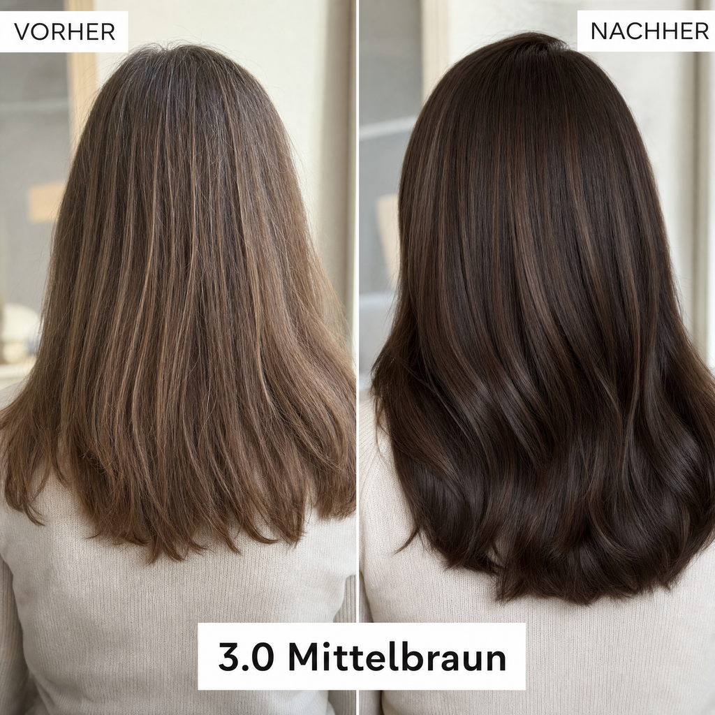 Mirenea Haarfarbe 3.0 Mittelbraun im Vorher-Nachher-Vergleich (Symbolbild)