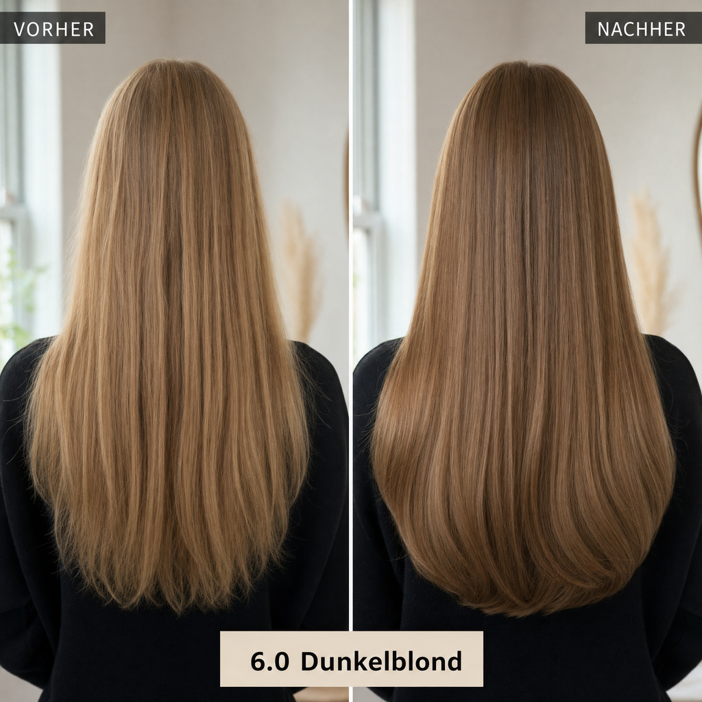 Mirenea Haarfarbe 6.0 Dunkelblond im Vorher-Nachher-Vergleich (Symbolbild)