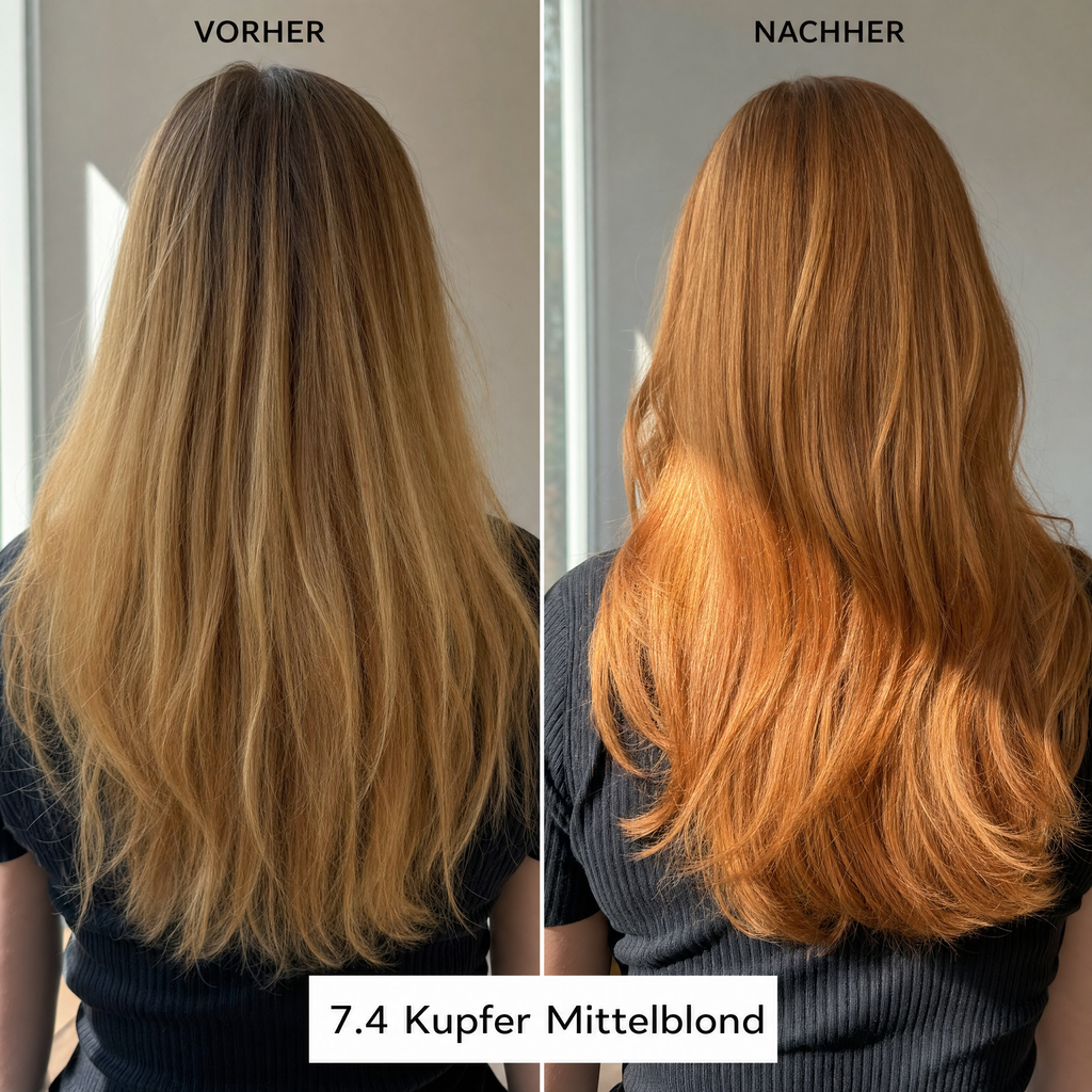Mirenea Haarfarbe 7.4 Kupfer Mittelblond im Vorher-Nachher-Vergleich (Symbolbild)