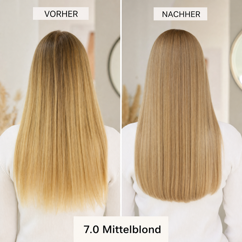 Mirenea Haarfarbe 7.0 Mittelblond im Vorher-Nachher-Vergleich (Symbolbild)