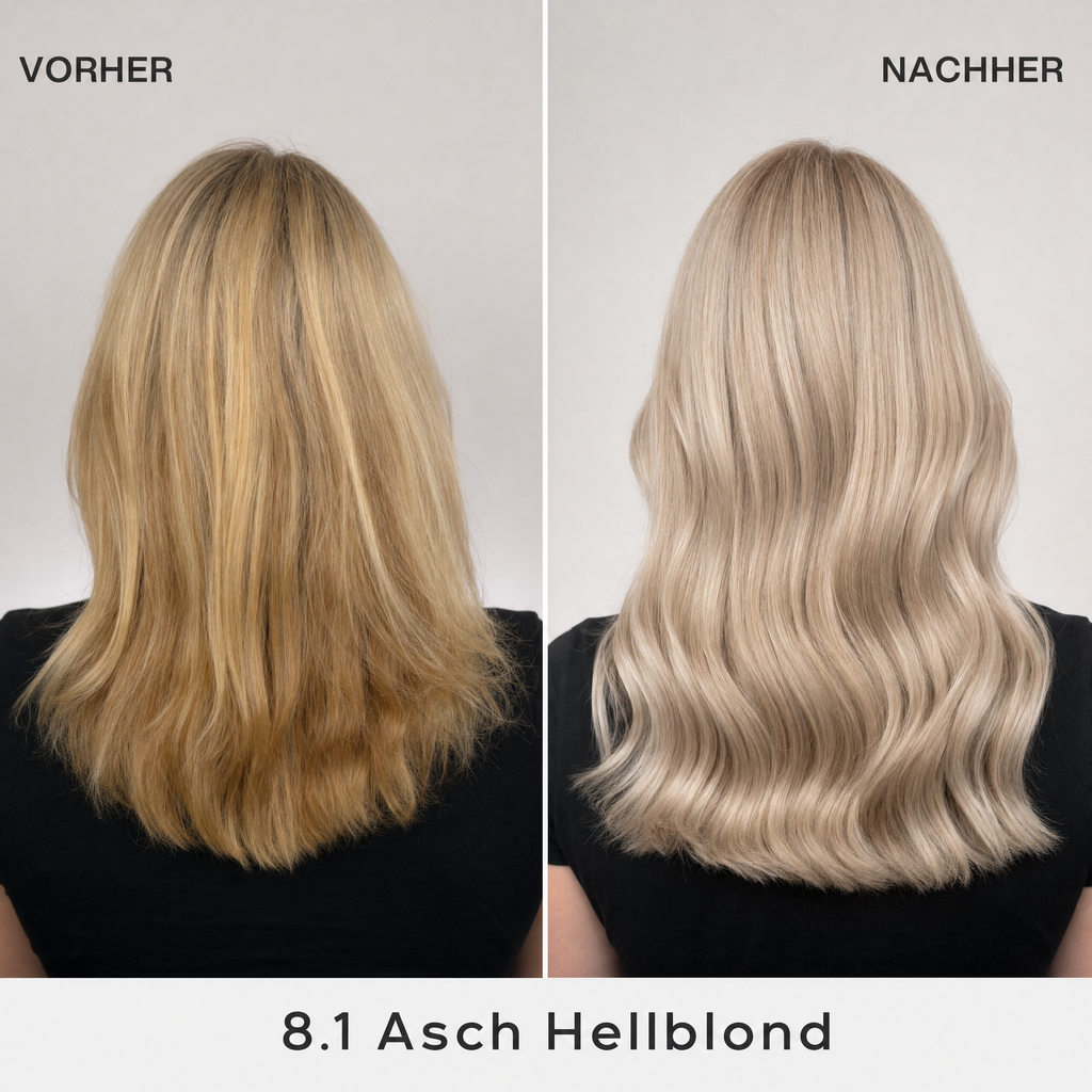 Mirenea Haarfarbe 8.1 Asch Hellblond im Vorher-Nachher-Vergleich (Symbolbild)